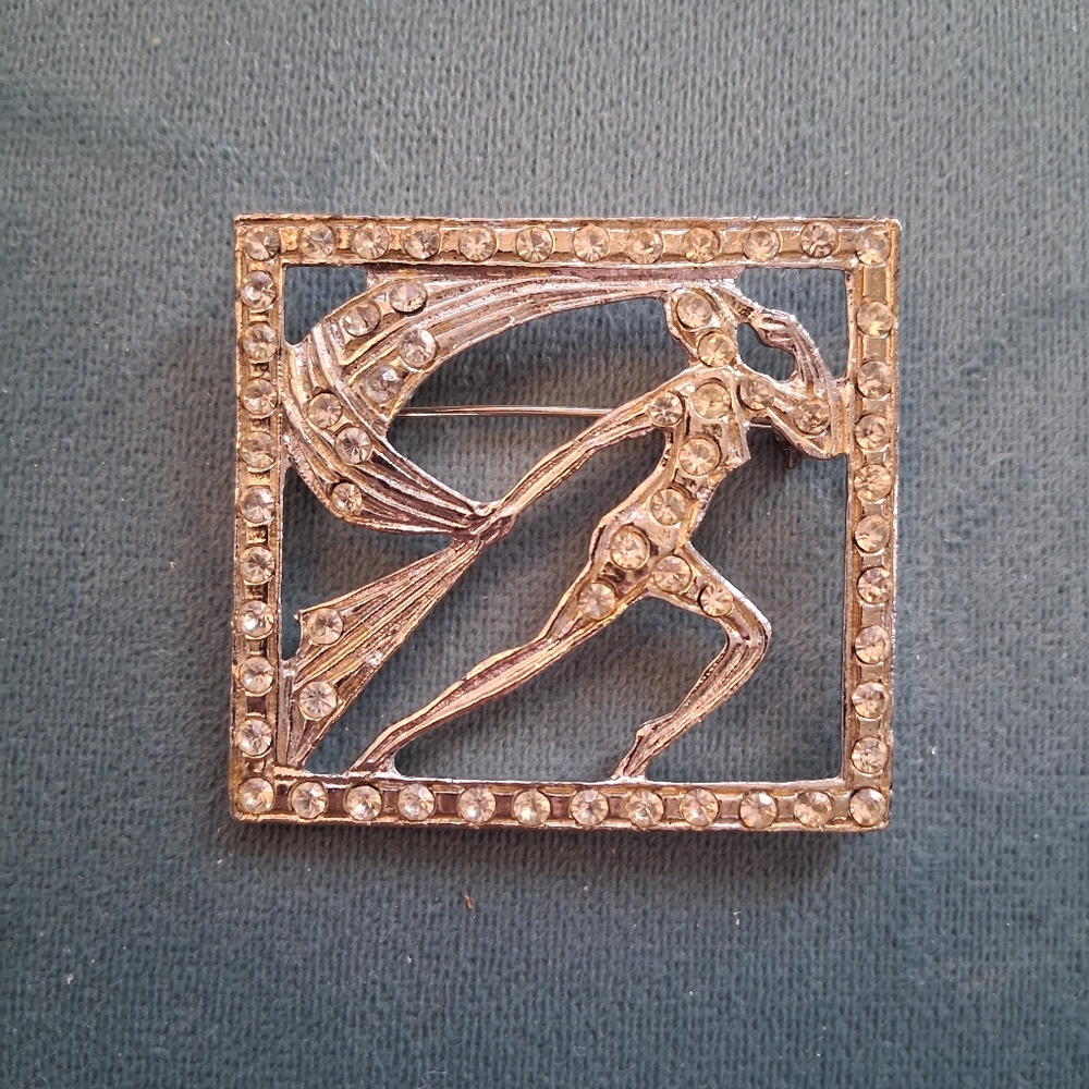 80s Does 20s Square Brooch with Figure